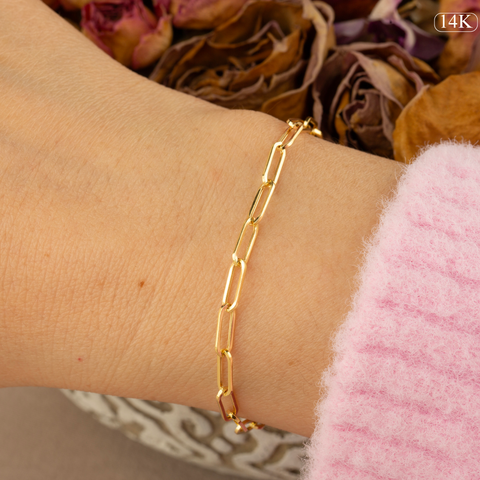 14K Solid Gold Paperclip Chain Bracelet - Lightweight, Adjustable & Elegant