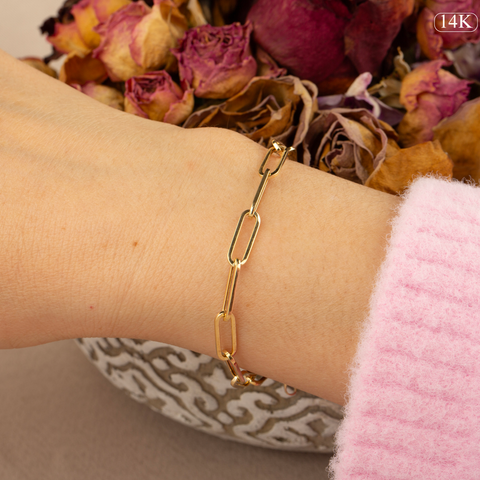 14K Solid Gold Paperclip Chain Bracelet - Lightweight, Adjustable & Elegant