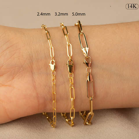 14K Solid Gold Paperclip Chain Bracelet - Lightweight, Adjustable & Elegant