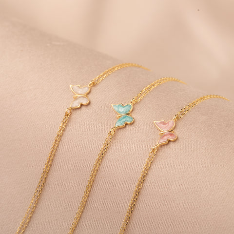 14K Gold Butterfly Bracelet - Enamel Blue, Pink, or White Colored, Dainty and Elegant Jewelry for Her