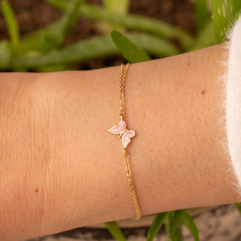 14K Gold Butterfly Bracelet - Enamel Blue, Pink, or White Colored, Dainty and Elegant Jewelry for Her