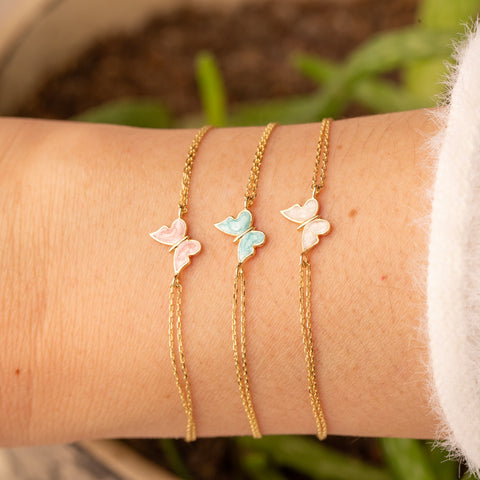 14K Gold Butterfly Bracelet - Enamel Blue, Pink, or White Colored, Dainty and Elegant Jewelry for Her