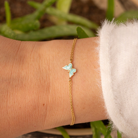 14K Gold Butterfly Bracelet - Enamel Blue, Pink, or White Colored, Dainty and Elegant Jewelry for Her