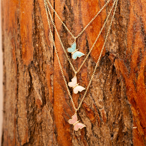 Enchanting 14K Solid Gold Butterfly Necklace | Skinny Cable Chain | Multiple Colors and Lengths