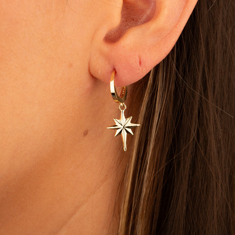 14K Gold Starburst Charm Huggie Earrings - Celestial Elegance