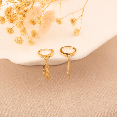 14K Gold Leaf Charm Huggie Earrings - Nature-Inspired Elegance