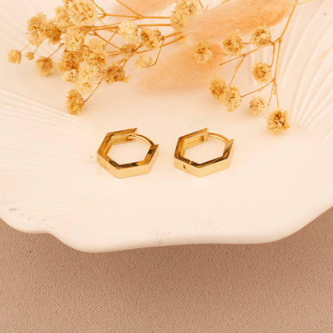 14K Gold Pentagon Huggie Earrings - Geometric Elegance