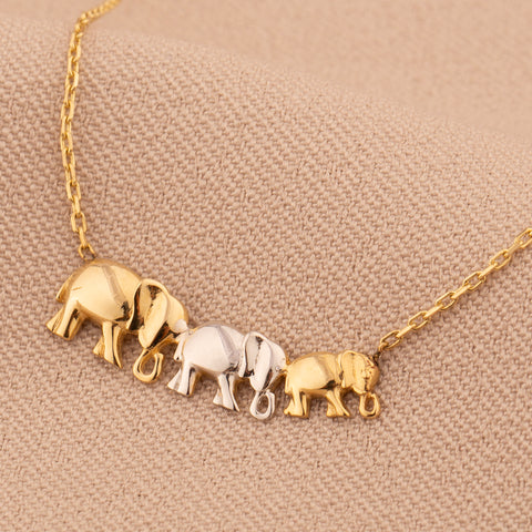 14K Solid Gold Trio Elephant Necklace - Cute Family-Inspired Jewelry