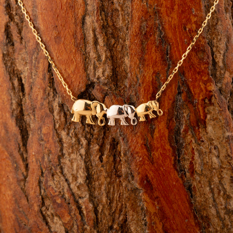 14K Solid Gold Trio Elephant Necklace - Cute Family-Inspired Jewelry