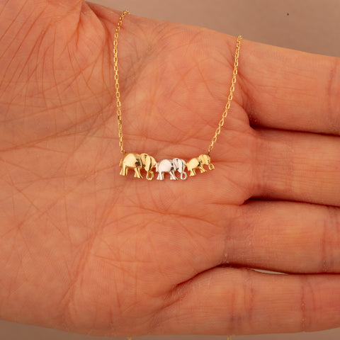 14K Solid Gold Trio Elephant Necklace - Cute Family-Inspired Jewelry