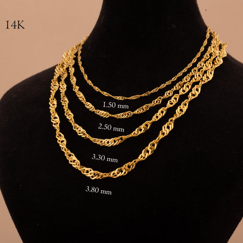 14K Real Gold Singapore Chain Necklace - Elegant Twisted Rope Design