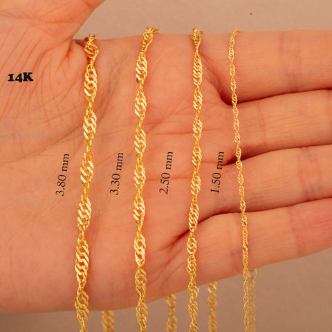 14K Real Gold Singapore Chain Necklace - Elegant Twisted Rope Design