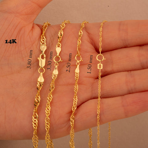 14K Real Gold Singapore Chain Necklace - Elegant Twisted Rope Design