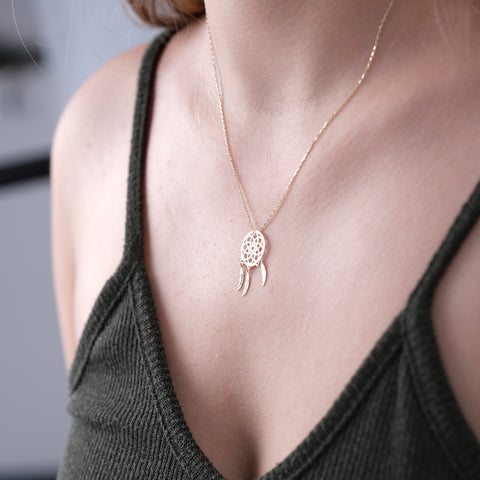 14K Solid Gold Dream Catcher Necklace - Symbolic Feather Pendant Jewelry