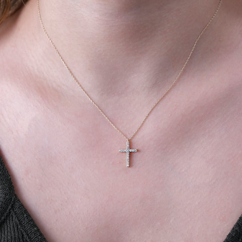 14K Solid Gold Cubic Zirconia Cross Pendant Necklace - Timeless Religious Jewelry