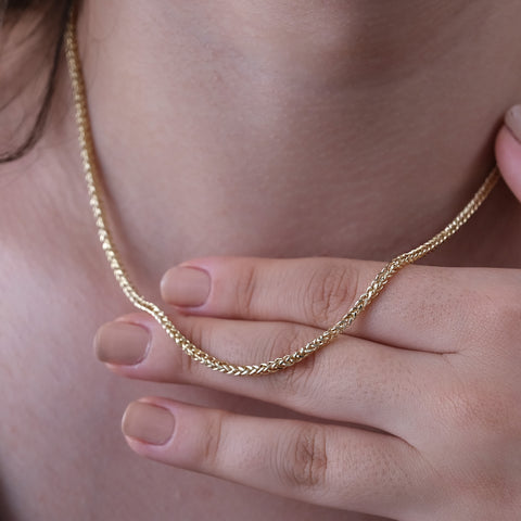 14K Solid Gold Wheat / Spiga Chain Necklace - Elegance in Every Link