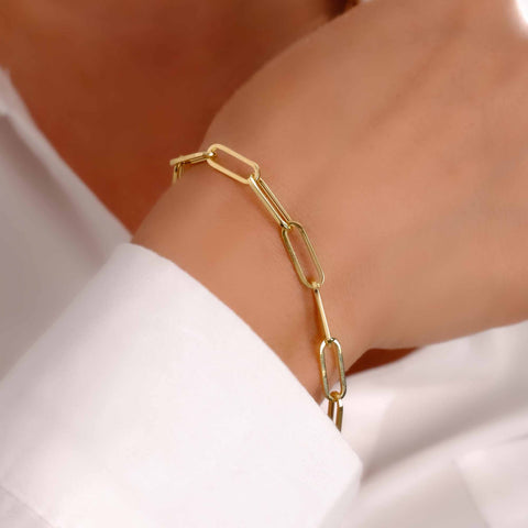 14K Solid Gold Paperclip Chain Bracelet - Lightweight, Adjustable & Elegant