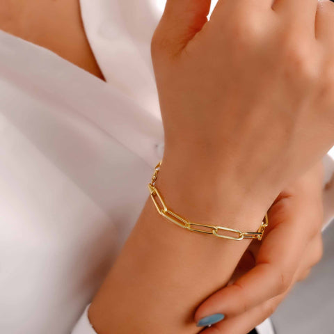 14K Solid Gold Paperclip Chain Bracelet - Lightweight, Adjustable & Elegant