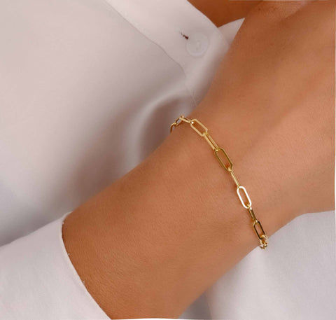 14K Solid Gold Paperclip Chain Bracelet - Lightweight, Adjustable & Elegant