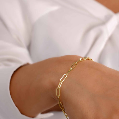 14K Solid Gold Paperclip Chain Bracelet - Lightweight, Adjustable & Elegant