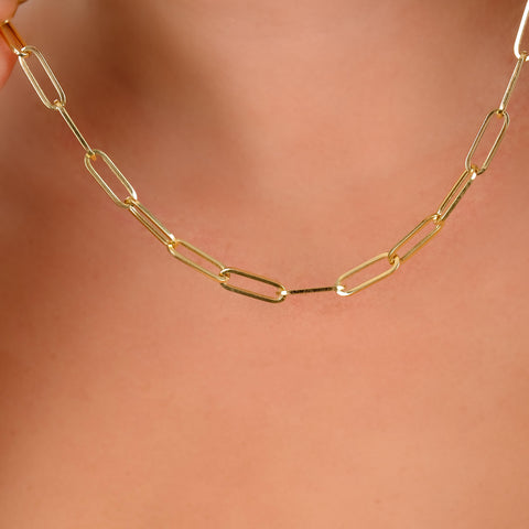 14K Solid Gold Paperclip Chain Necklace - Sleek, Lightweight, and Versatile