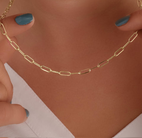 14K Solid Gold Paperclip Chain Necklace - Sleek, Lightweight, and Versatile