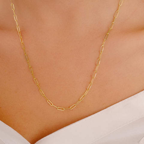 14K Solid Gold Paperclip Chain Necklace - Sleek, Lightweight, and Versatile