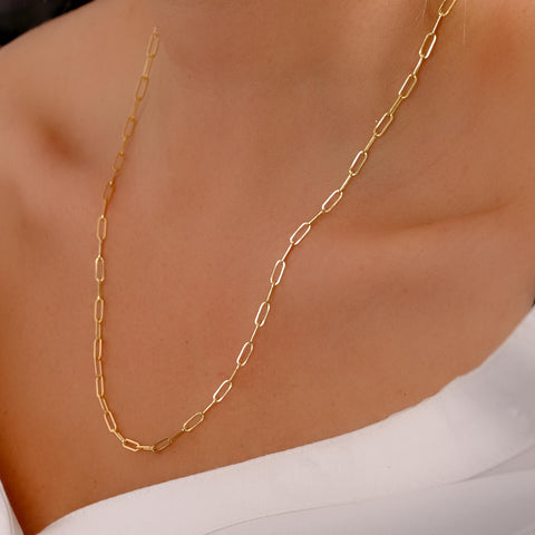 14K Solid Gold Paperclip Chain Necklace - Sleek, Lightweight, and Versatile