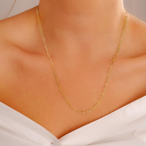 14K Solid Gold Paperclip Chain Necklace - Sleek, Lightweight, and Versatile