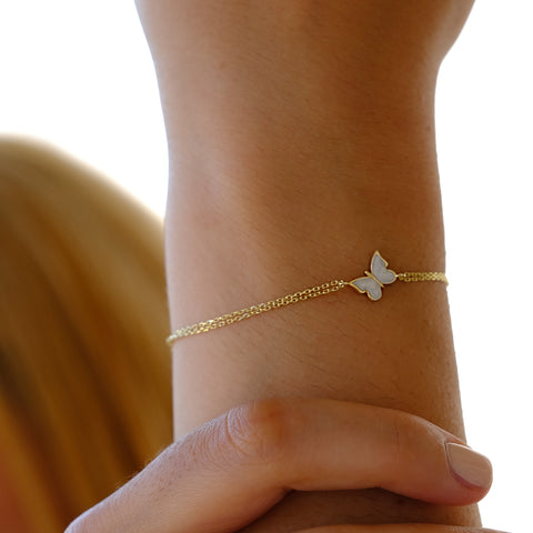 14K Gold Butterfly Bracelet - Enamel Blue, Pink, or White Colored, Dainty and Elegant Jewelry for Her