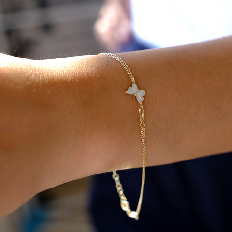 14K Gold Butterfly Bracelet - Enamel Blue, Pink, or White Colored, Dainty and Elegant Jewelry for Her