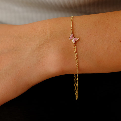 14K Gold Butterfly Bracelet - Enamel Blue, Pink, or White Colored, Dainty and Elegant Jewelry for Her