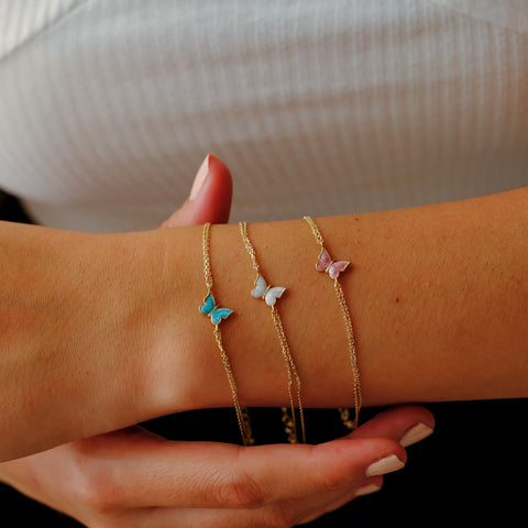 14K Gold Butterfly Bracelet - Enamel Blue, Pink, or White Colored, Dainty and Elegant Jewelry for Her