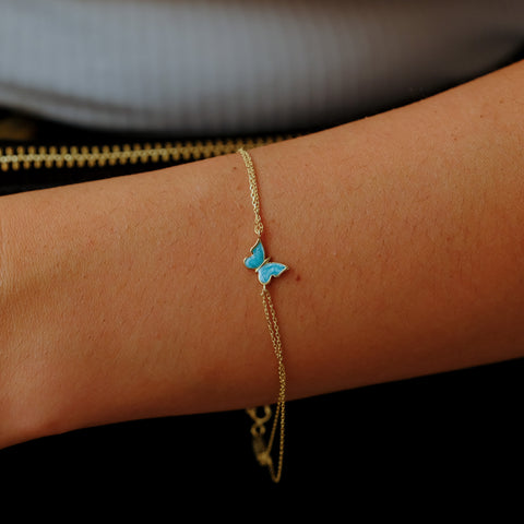 14K Gold Butterfly Bracelet - Enamel Blue, Pink, or White Colored, Dainty and Elegant Jewelry for Her