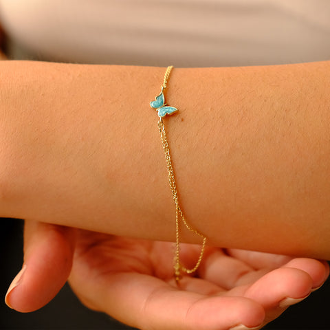 14K Gold Butterfly Bracelet - Enamel Blue, Pink, or White Colored, Dainty and Elegant Jewelry for Her