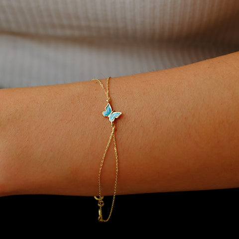 14K Gold Butterfly Bracelet - Enamel Blue, Pink, or White Colored, Dainty and Elegant Jewelry for Her