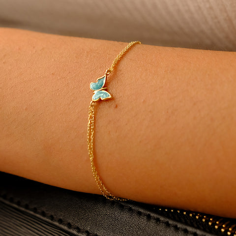 14K Gold Butterfly Bracelet - Enamel Blue, Pink, or White Colored, Dainty and Elegant Jewelry for Her