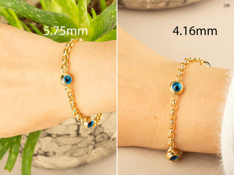 14K Gold Rolo Chain Bracelet with Evil Eye Charms - Symbol of Protection and Style